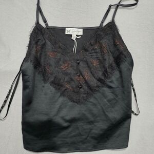 Jessica Simpson Black Satin Cami Lace Butterfly Embroidered Tank Top Small NWT